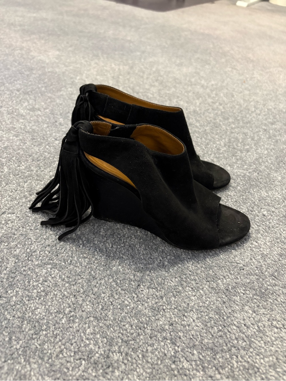 Chloe Black Suede Tassel Open-Toe Wedge Booties